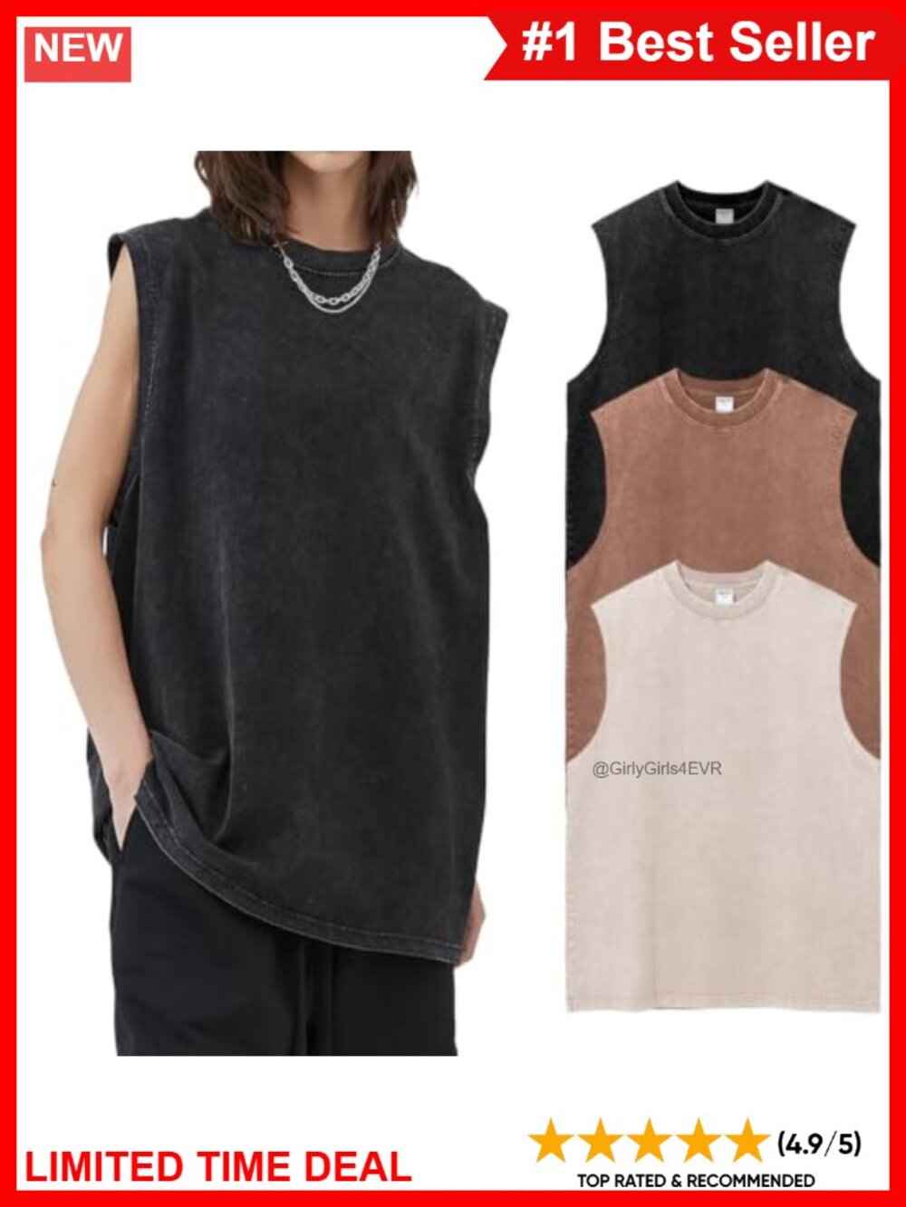 100% Cotton Acid Wash Oversized Tank Top Crew Neck Sleeveless Casual Summer